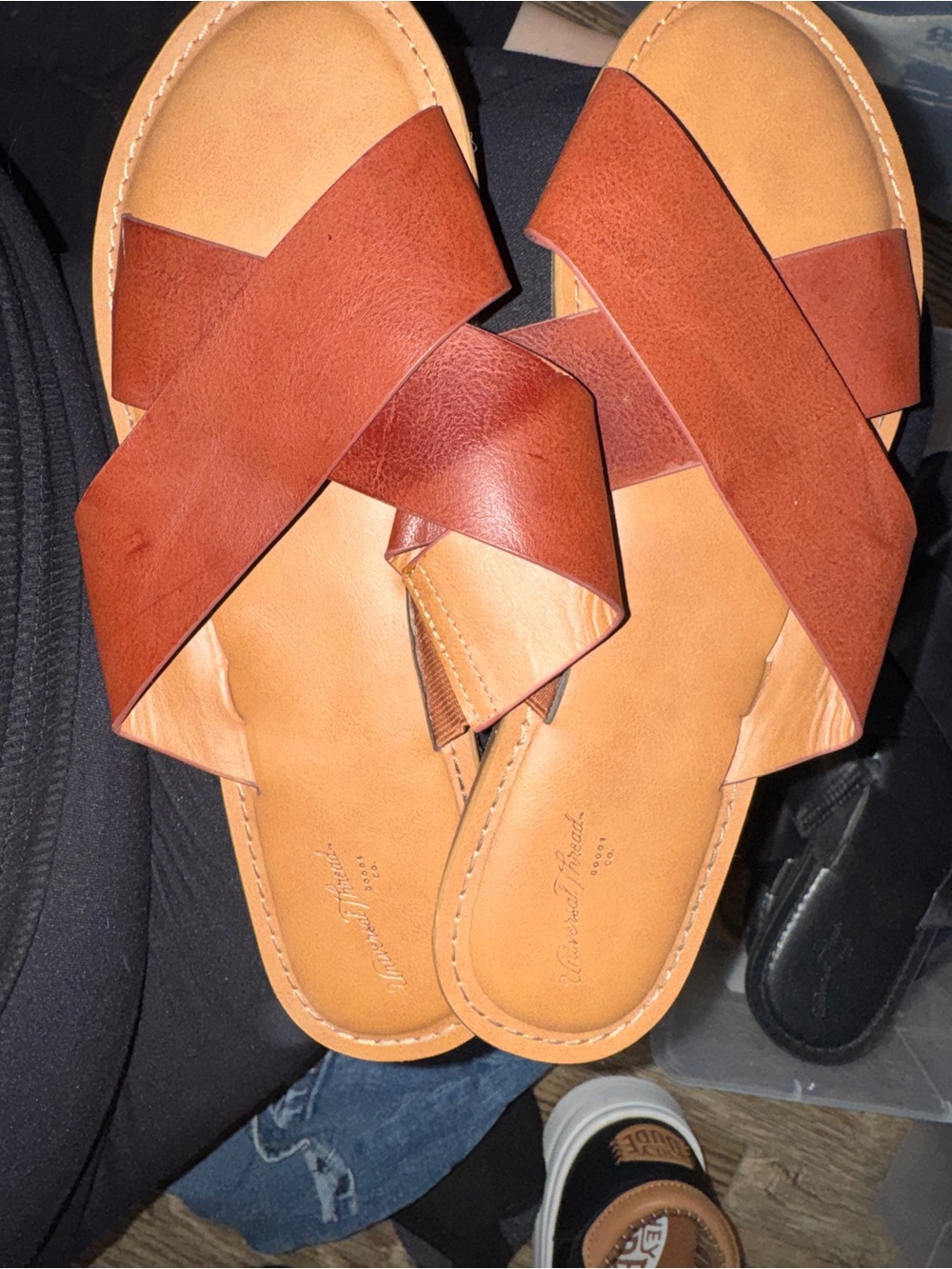 Universal Thread Tan and Brown Cross-Strap Slide Sandals